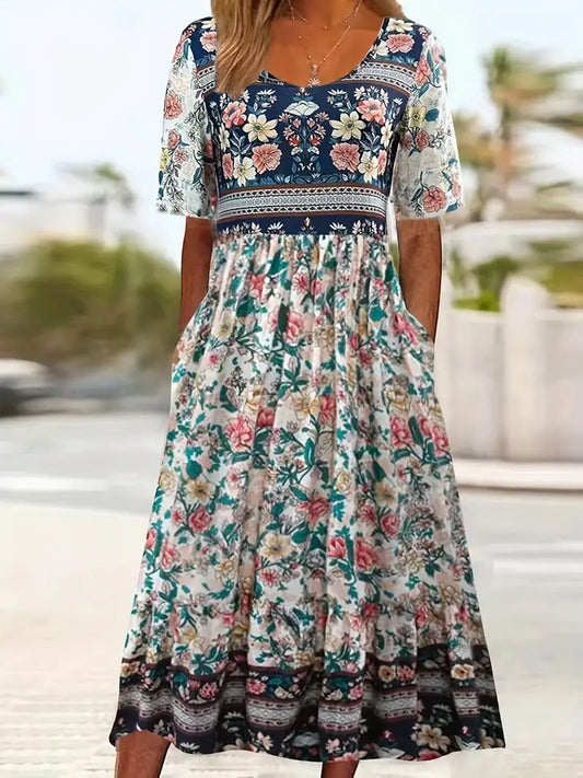 Vintage Kleid mit Blumenmuster, Boho Kleid mit hoher Taille und Rundhalsausschnitt und kurzen Ärmeln, Damenbekleidung