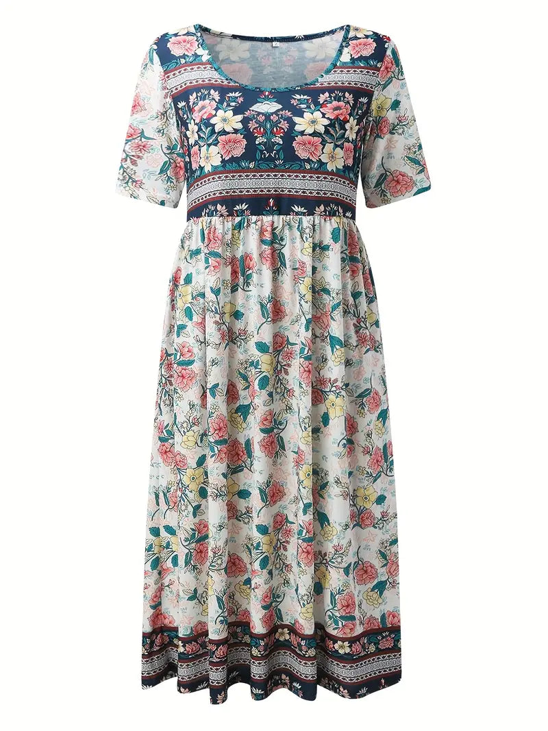 Vintage Kleid mit Blumenmuster, Boho Kleid mit hoher Taille und Rundhalsausschnitt und kurzen Ärmeln, Damenbekleidung