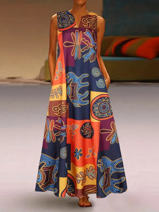 Ethnic Print V-Ausschnitt Kleid, Vintage ärmelloses Sommer Maxi Kleid mit Taschen, Damenbekleidung