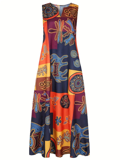 Ethnic Print V-Ausschnitt Kleid, Vintage ärmelloses Sommer Maxi Kleid mit Taschen, Damenbekleidung