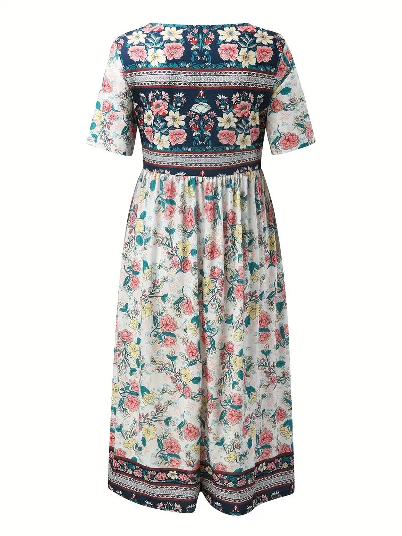 Vintage Kleid mit Blumenmuster, Boho Kleid mit hoher Taille und Rundhalsausschnitt und kurzen Ärmeln, Damenbekleidung