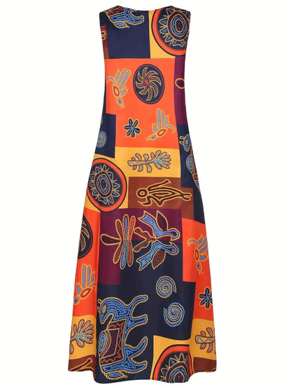 Ethnic Print V-Ausschnitt Kleid, Vintage ärmelloses Sommer Maxi Kleid mit Taschen, Damenbekleidung