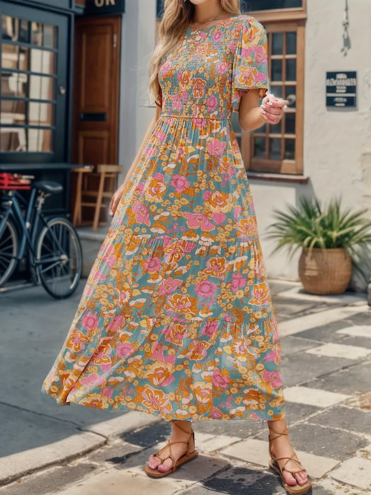 Floral Print Taille Tiered Ruffle Dress, Elegantes Kleid mit kurzen Ärmeln und Rundhalsausschnitt, Damenbekleidung